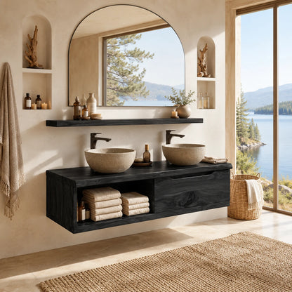 Broad Natural Solid Wood Double Floating Bathroom Vanity With Open Storage - ArborisWood - 9