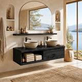 Broad Natural Solid Wood Double Floating Bathroom Vanity With Open Storage - Arboriswood - 9
