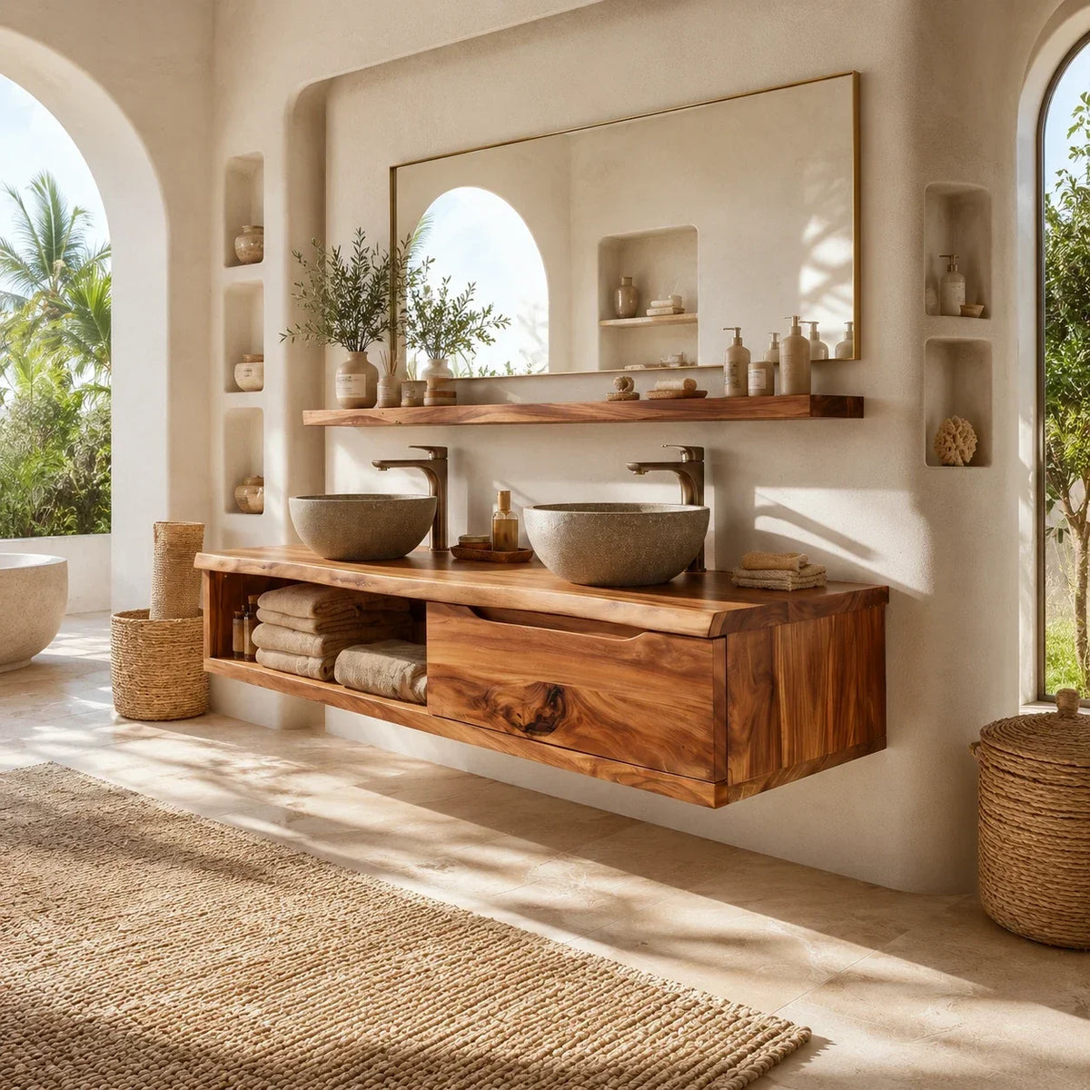 Broad Natural Solid Wood Double Floating Bathroom Vanity With Open Storage - Arboriswood