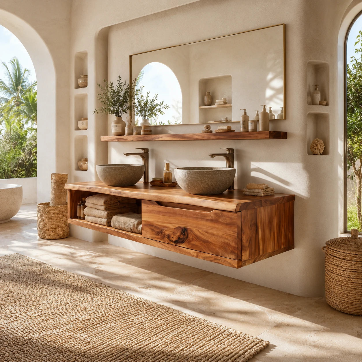 Broad Natural Solid Wood Double Floating Bathroom Vanity With Open Storage - ArborisWood