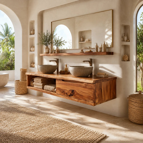 Broad Natural Solid Wood Double Floating Bathroom Vanity With Open Storage - ArborisWood