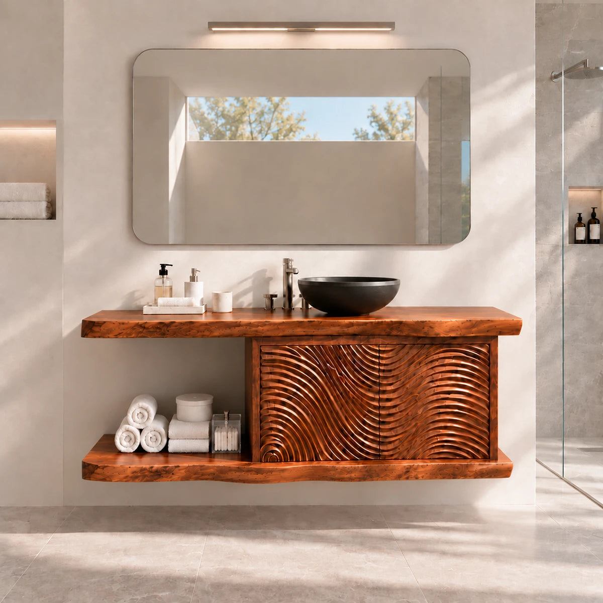Modern vanity cabinet in natural solid wood with sculpted fronts and towel storage