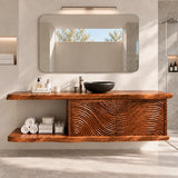 Natural solid wood bathroom vanity with wave carved doors and practical open shelving