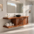 Floating bathroom vanity in natural solid wood with wave doors and open towel shelf