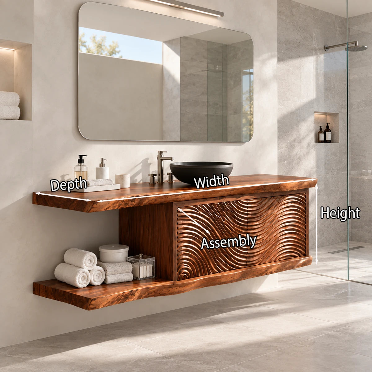 Statement bathroom vanity in natural solid wood with textured doors and open storage