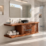 Statement bathroom vanity in natural solid wood with textured doors and open storage