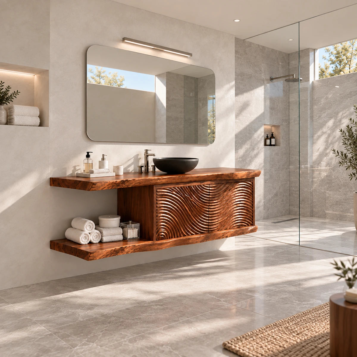 Wall mounted vanity in natural solid wood with sculpted doors and lower shelf storage