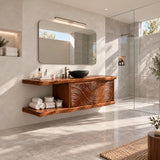 Wall mounted vanity in natural solid wood with sculpted doors and lower shelf storage