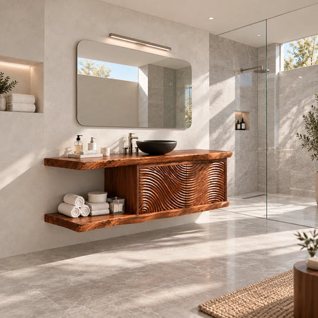 Wall mounted vanity in natural solid wood with sculpted doors and lower shelf storage