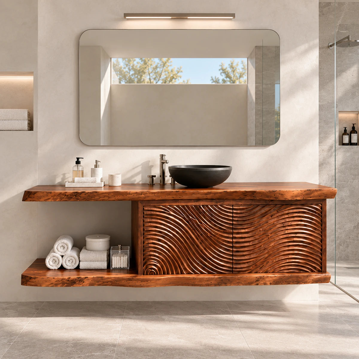 Modern bathroom vanity in natural solid wood with carved fronts and open towel space