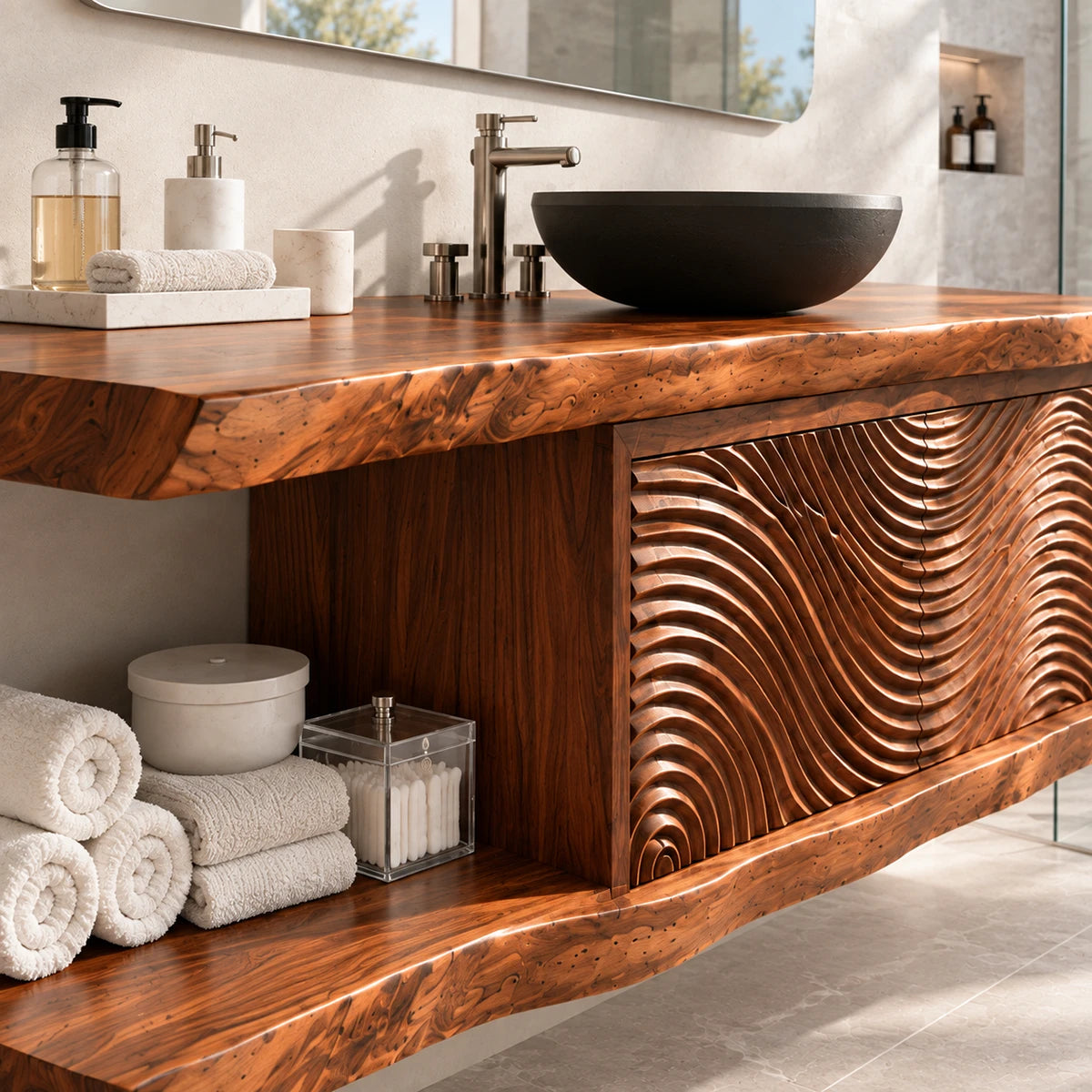 Open shelf bathroom vanity in natural solid wood with textured doors and wide storage