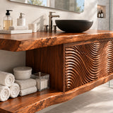 Open shelf bathroom vanity in natural solid wood with textured doors and wide storage