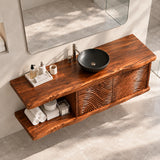 Contemporary bath vanity in natural solid wood with wave panels and floating shelf base