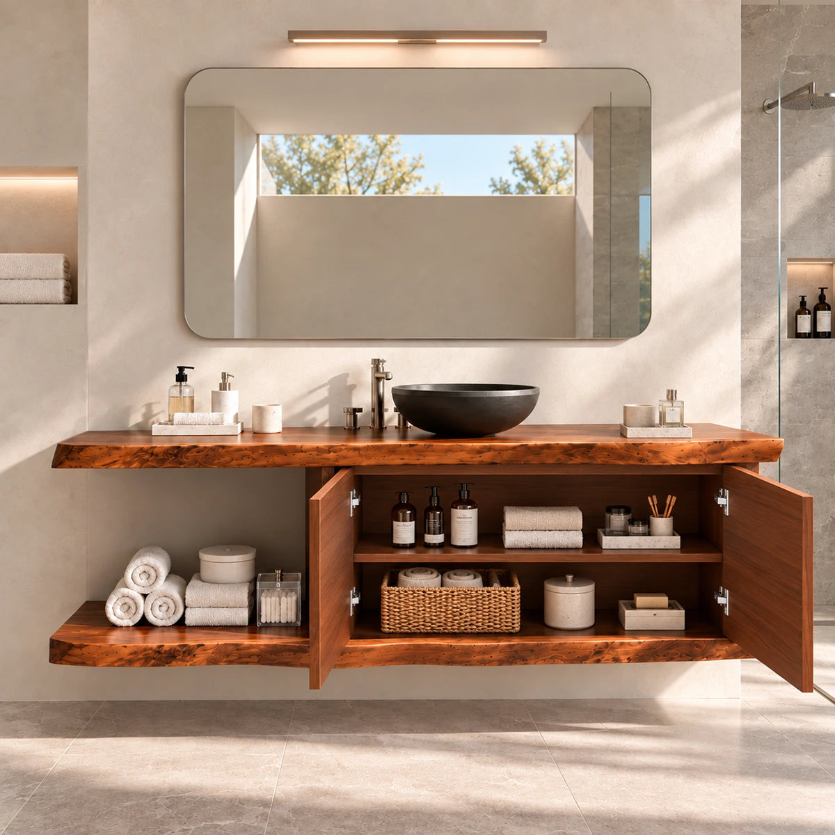 Designer vanity cabinet in natural solid wood with carved doors and open lower storage