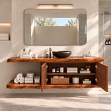 Designer vanity cabinet in natural solid wood with carved doors and open lower storage