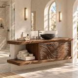Minimalist bathroom vanity in natural solid wood with floating form and towel shelving