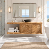 Storage focused vanity in natural solid wood with sculpted doors and open shelf space