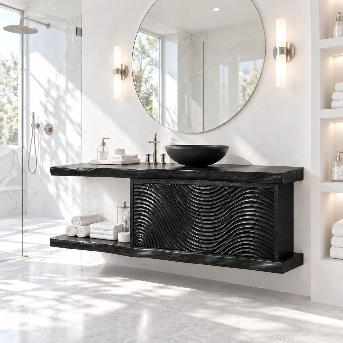 Refined bath vanity in natural solid wood with wave carved fronts and lower shelf