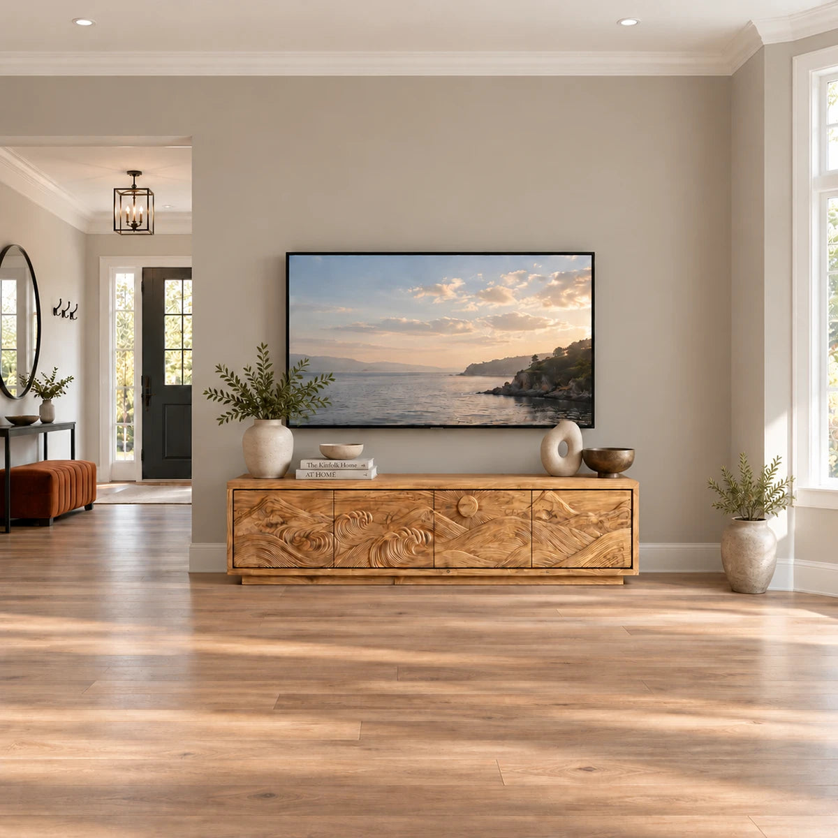 Functional TV entertainment stand in solid wood with carved panel doors and storage
