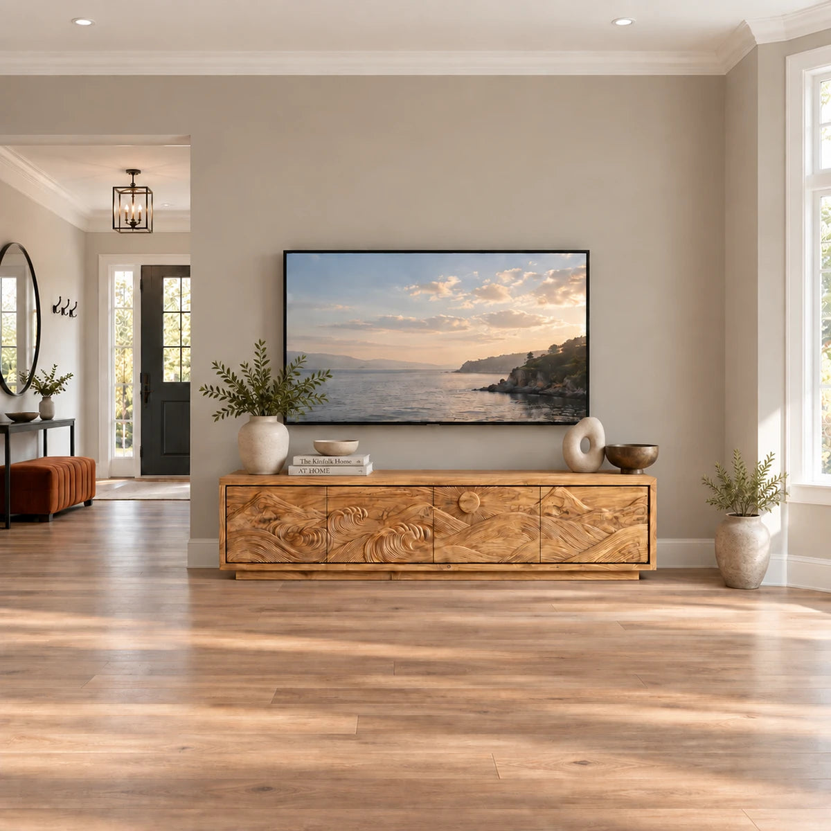 Balanced TV credenza in solid wood with scenic carved fronts and clean geometry form

