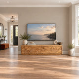 Balanced TV credenza in solid wood with scenic carved fronts and clean geometry form
