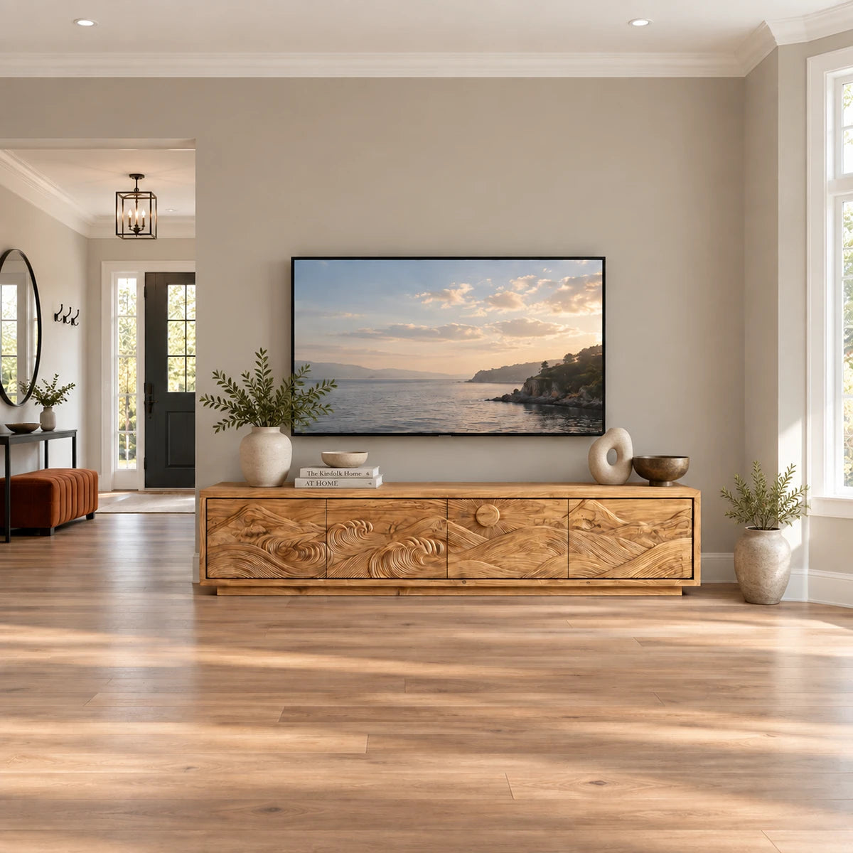 Modern solid wood TV stand with carved coastal scene and low-profile storage design
