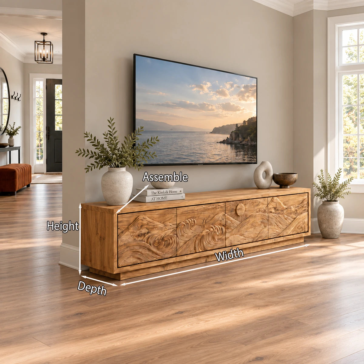Curated media storage console in solid wood with scenic relief and sleek proportion
