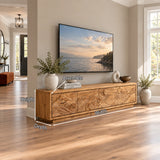 Curated media storage console in solid wood with scenic relief and sleek proportion
