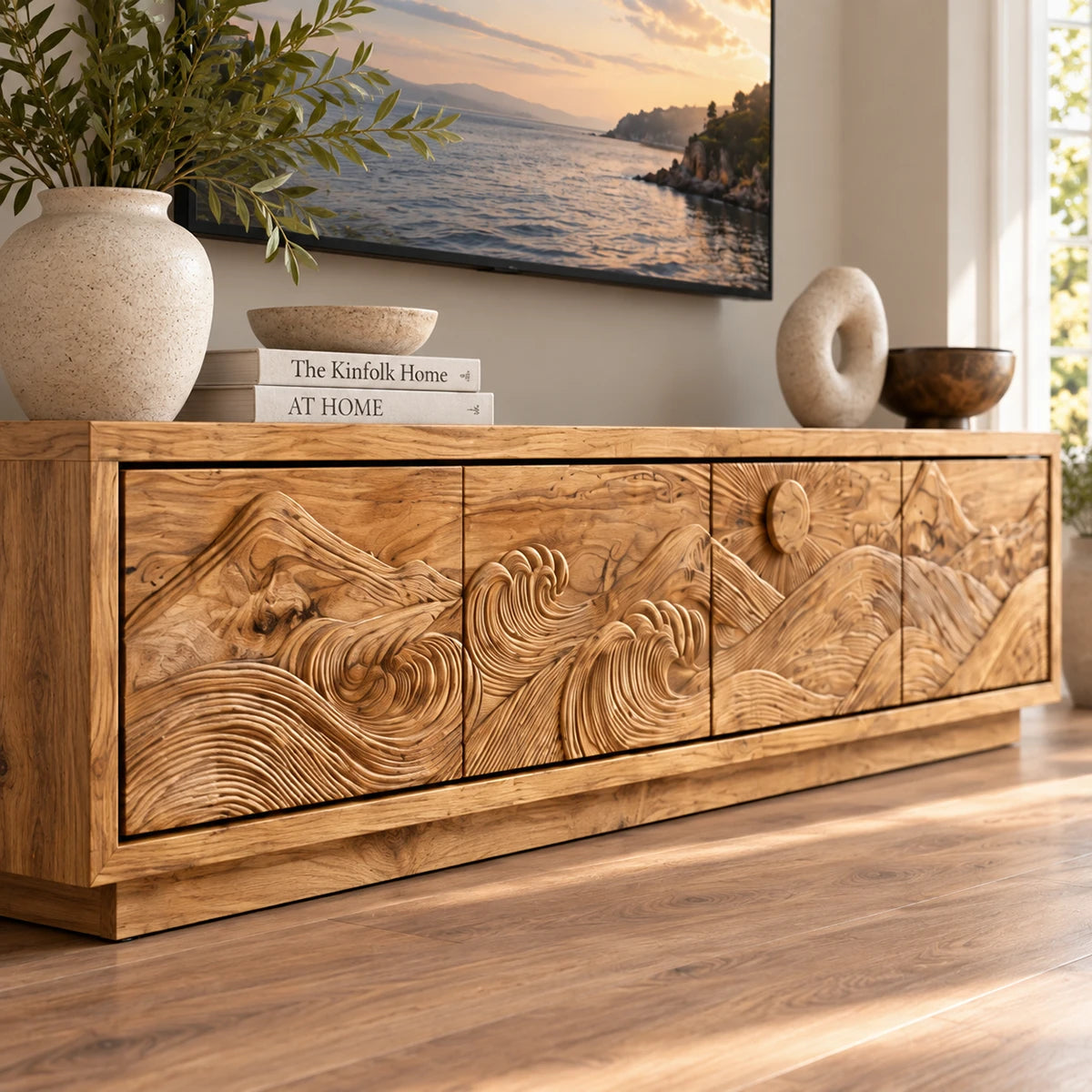 Refined TV console in solid wood with panoramic landscape carving and clean lines
