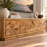 Refined TV console in solid wood with panoramic landscape carving and clean lines
