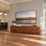 Minimalist entertainment unit in solid wood with scenic carved fronts and long frame
