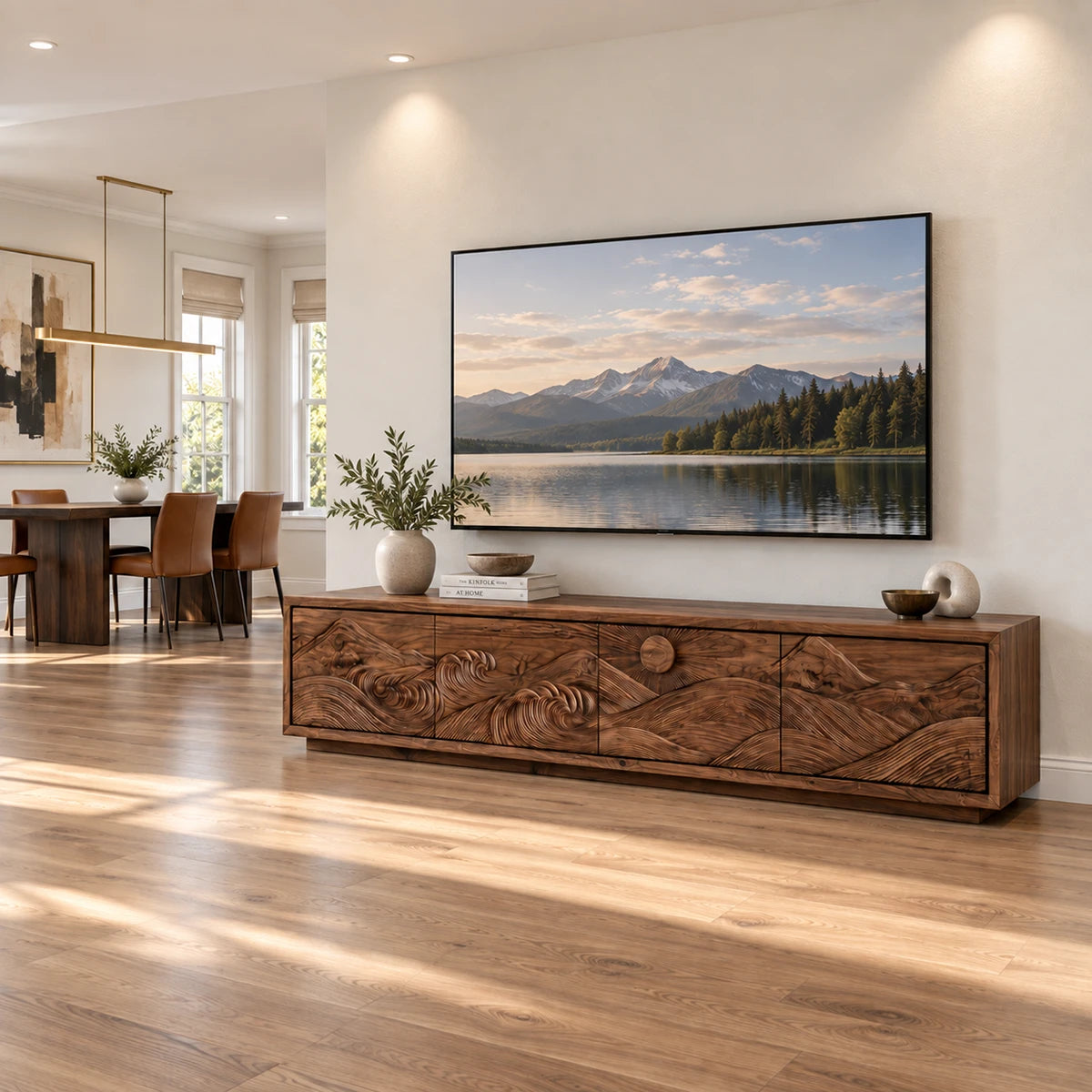 Architectural media unit in solid wood with landscape relief and low modern profile
