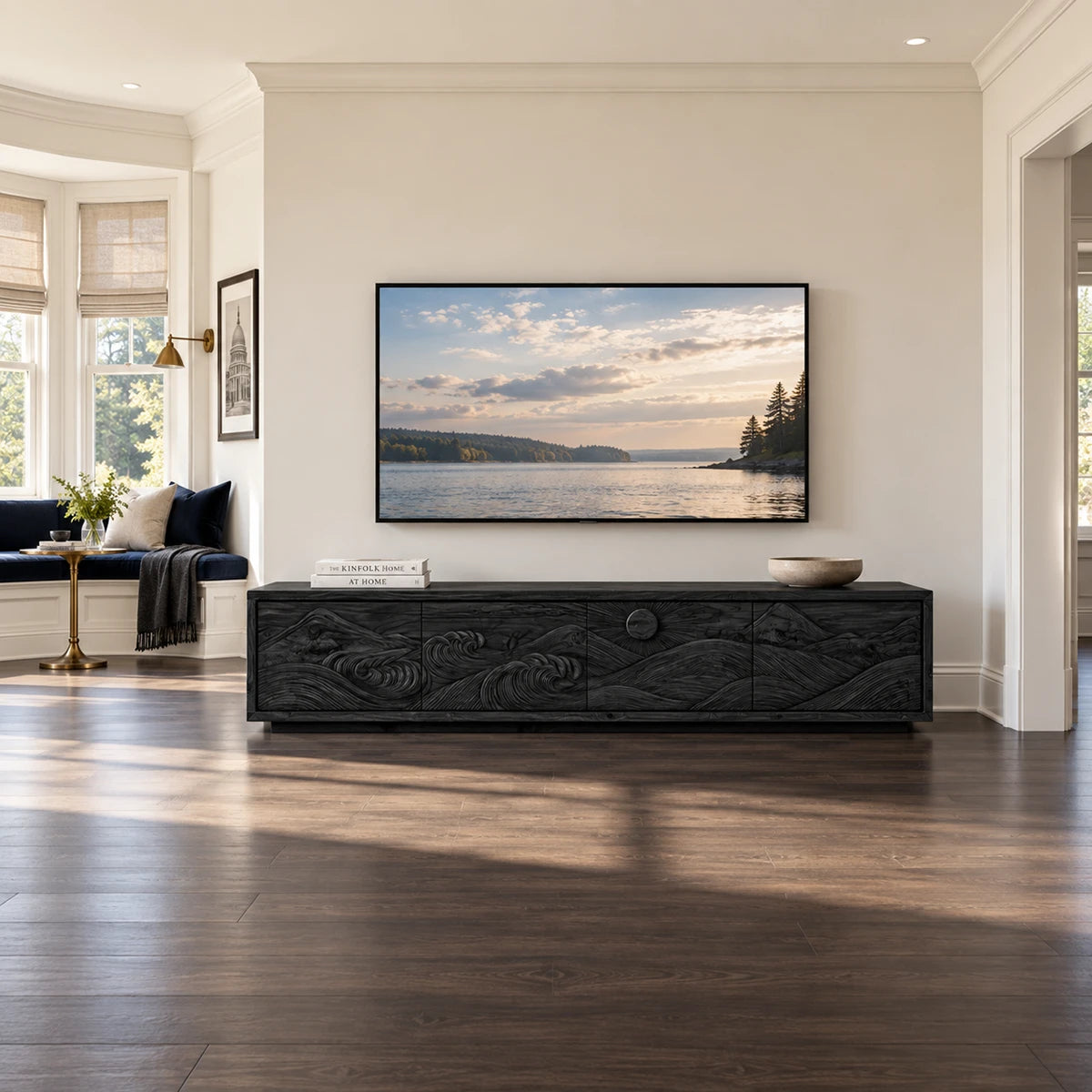 Contemporary TV media stand in solid wood with carved artwork doors and storage unit
