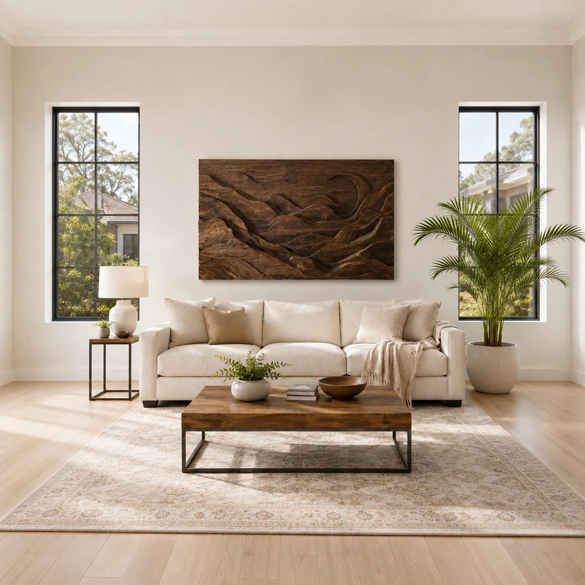 Abstract wall panel with sculpted hills and flowing forms creates a calm interior focus
