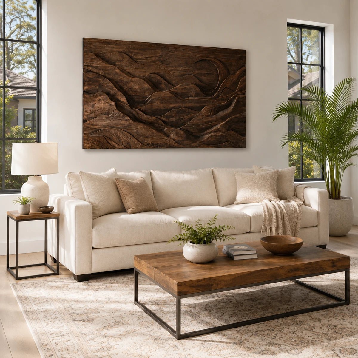 Large relief wall sculpture with mountain contours brings texture above a modern sofa