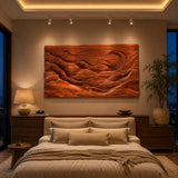 Textured wall art with carved valleys and hills adds dimension to a bright modern room