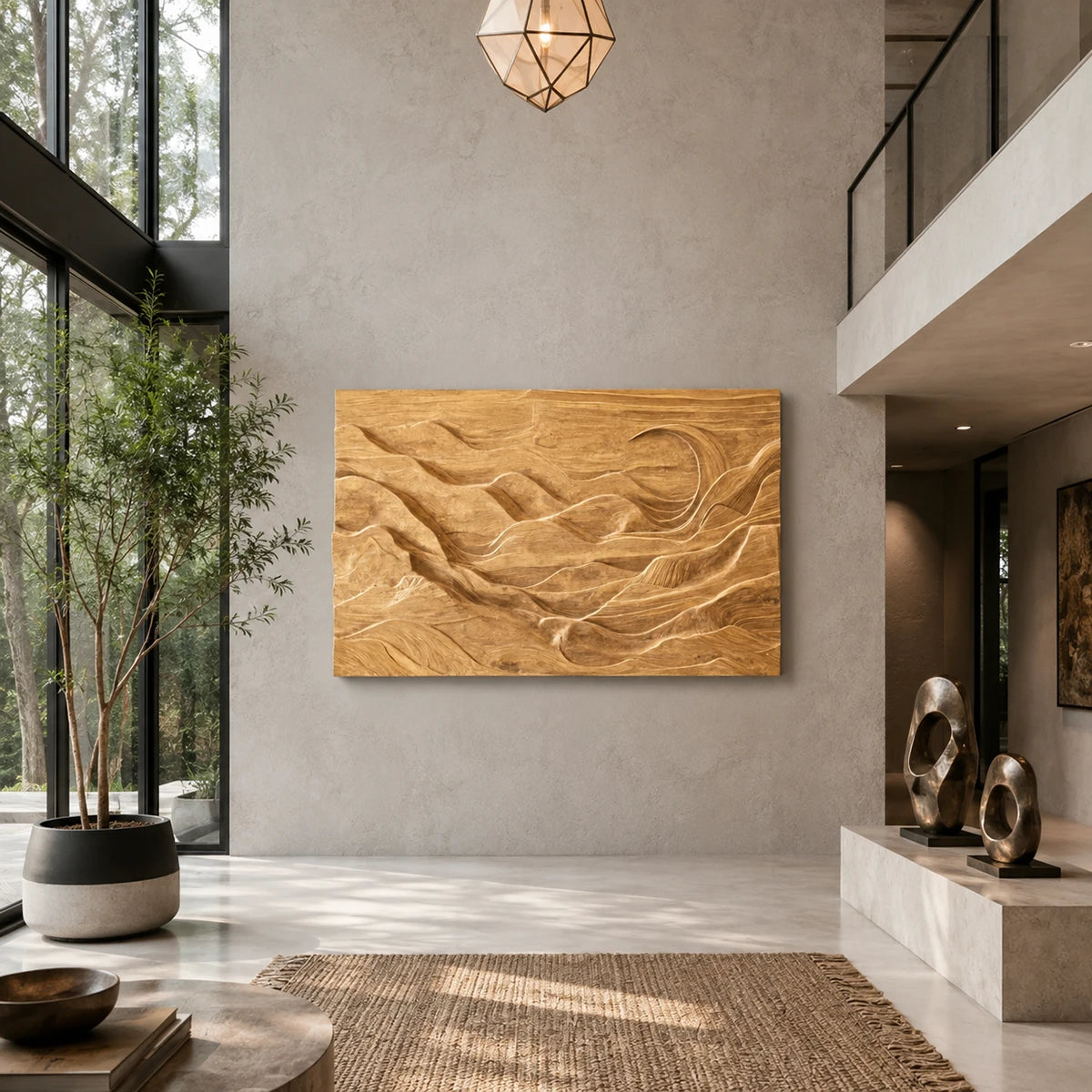 Wide wall sculpture with layered terrain details creates a striking home centerpiece