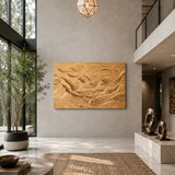Wide wall sculpture with layered terrain details creates a striking home centerpiece