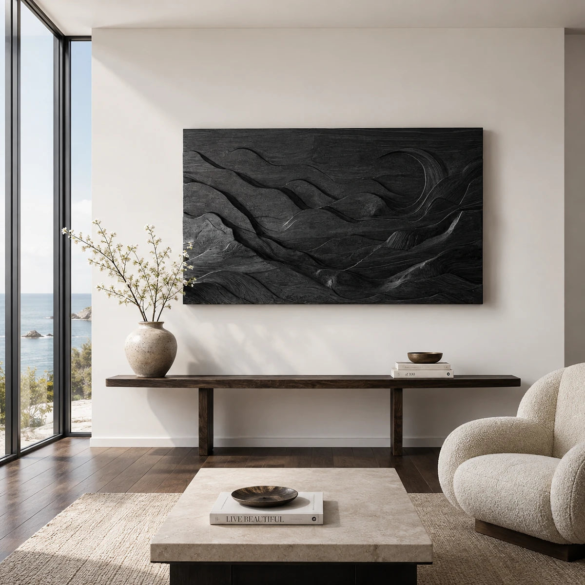 Flowing landscape relief shapes this wall decor into an artistic living room feature