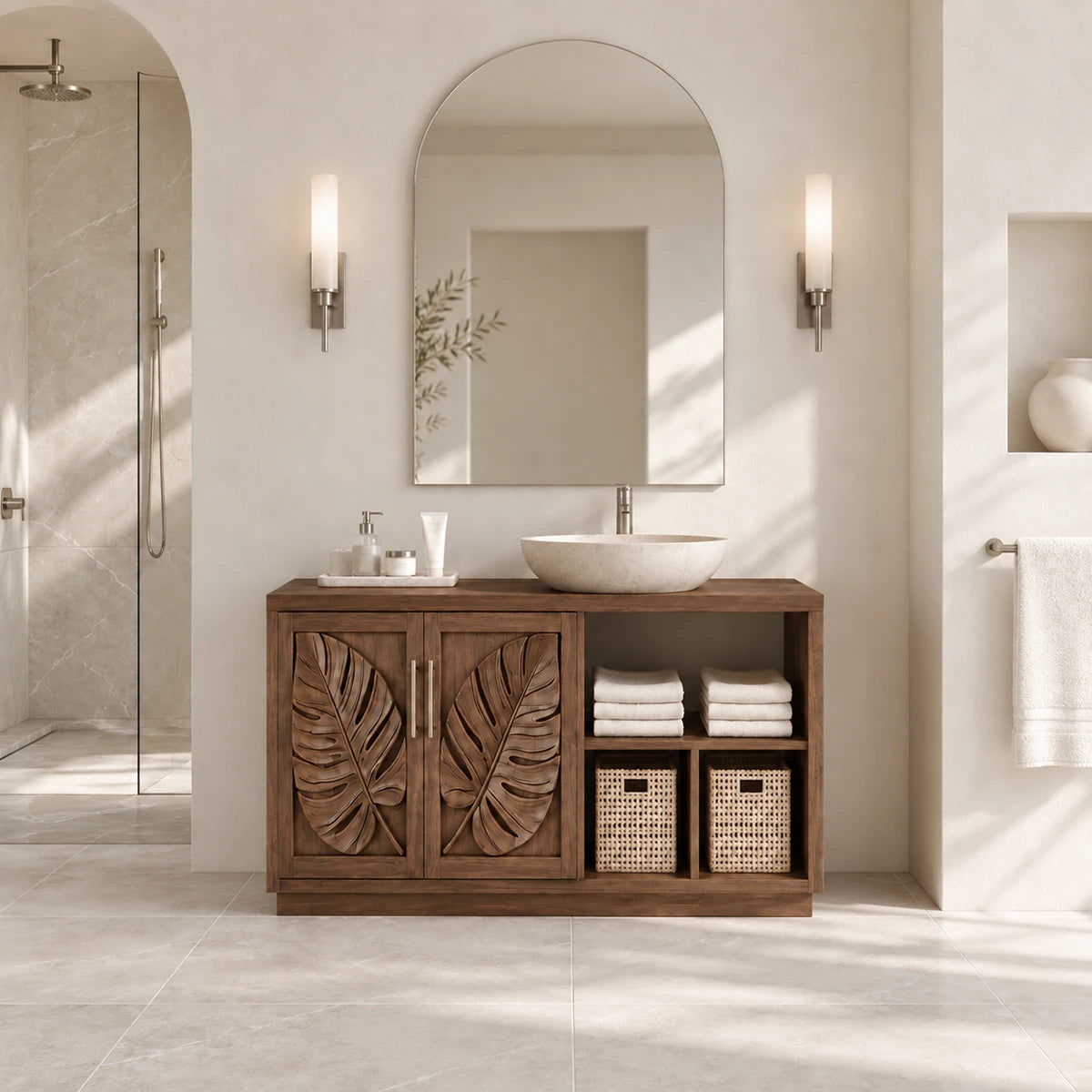 Statement sink vanity in natural solid wood with vessel basin and open side storage