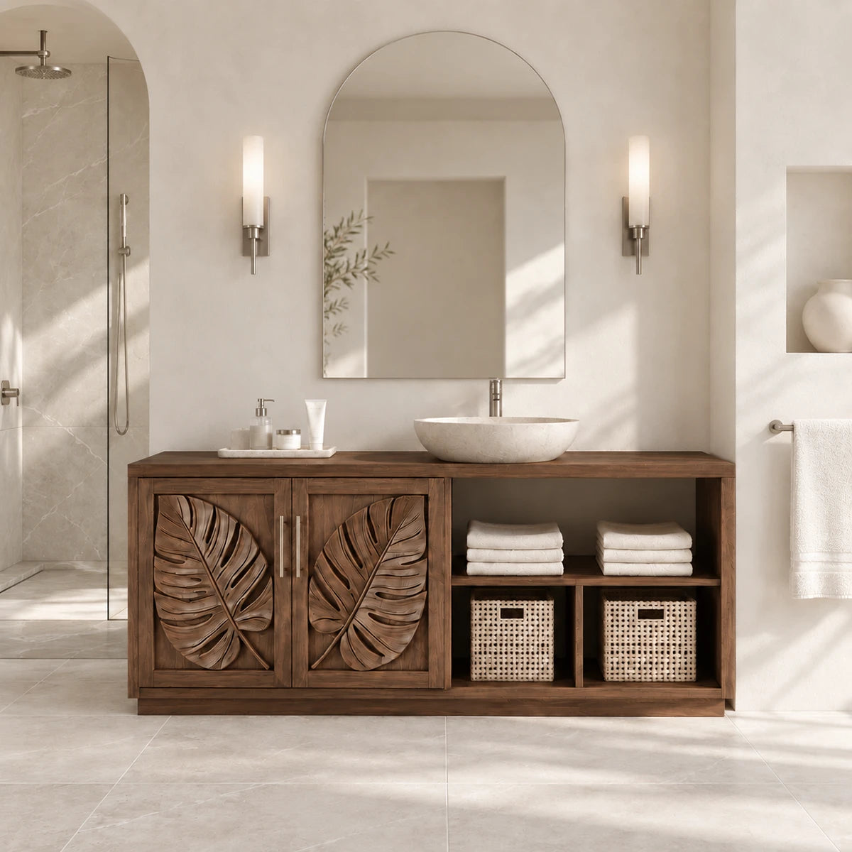 Open shelf bathroom vanity in natural solid wood with leaf doors and basket cubbies