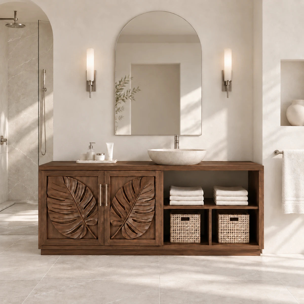 Natural solid wood bathroom vanity with botanical doors and practical shelf storage
