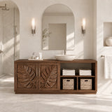 Natural solid wood bathroom vanity with botanical doors and practical shelf storage