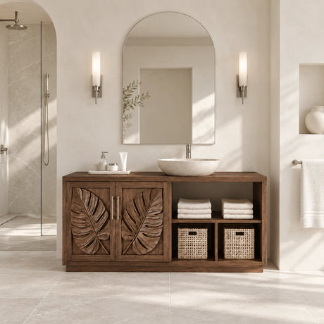 Freestanding bathroom vanity in natural solid wood with leaf doors and open side storage
