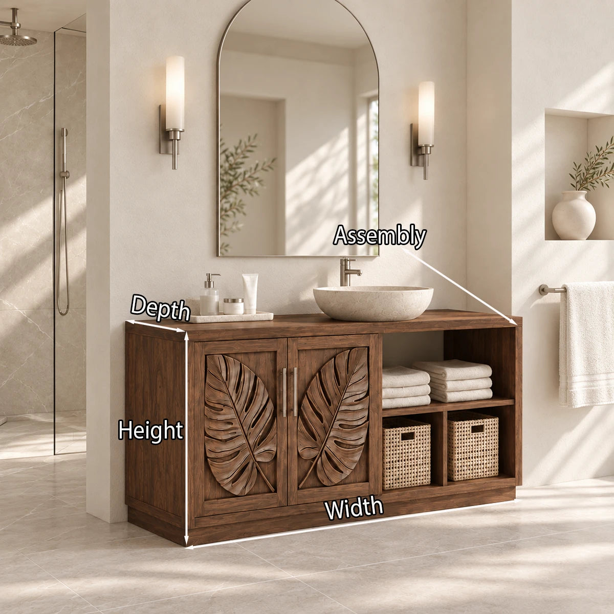 Classic bath vanity in natural solid wood with carved panels and woven basket cubbies