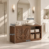 Classic bath vanity in natural solid wood with carved panels and woven basket cubbies