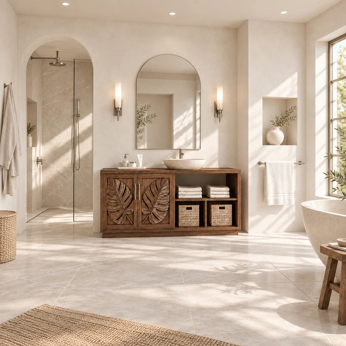 Botanical bath vanity in natural solid wood with vessel sink and woven basket shelves