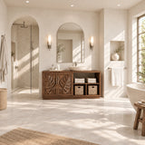 Botanical bath vanity in natural solid wood with vessel sink and woven basket shelves