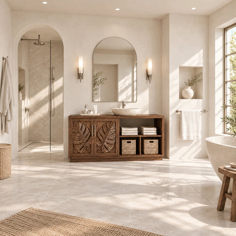 Botanical bath vanity in natural solid wood with vessel sink and woven basket shelves