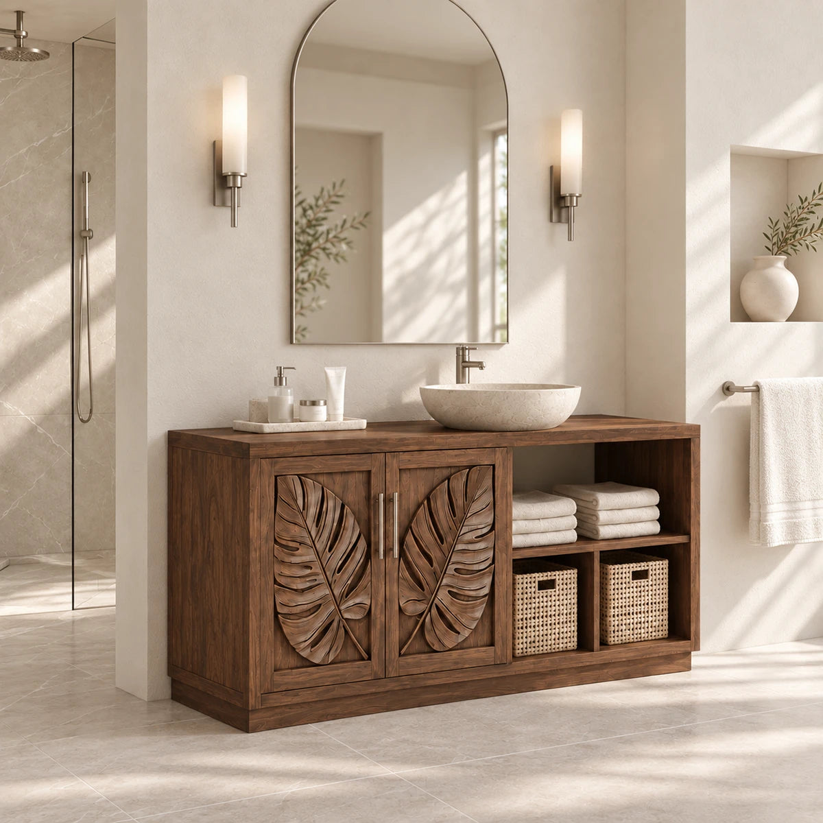 Single sink bathroom vanity in natural solid wood with carved doors and towel cubbies